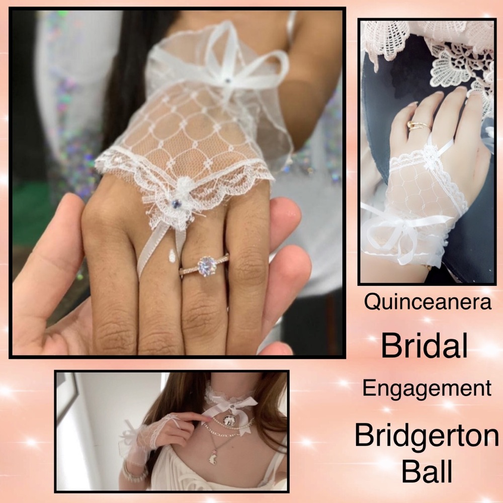 CLEARANCE - White Floral Rhinestone Bridal Lace Fingerless Gloves